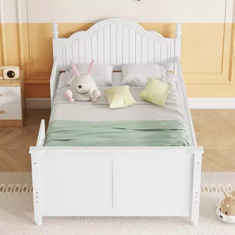 Letto a piattaforma singolo in legno per bambini con testiera e pediera – Bianco