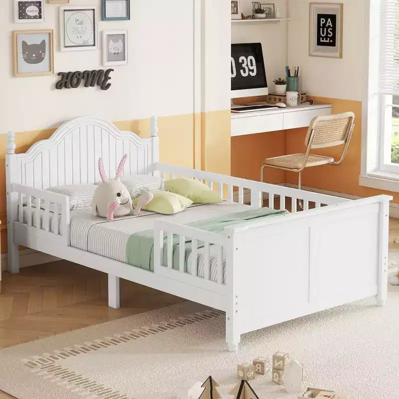 Letto a piattaforma singolo in legno per bambini con testiera e pediera – Bianco
