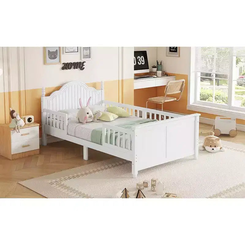 Letto a piattaforma singolo in legno per bambini con testiera e pediera – Bianco