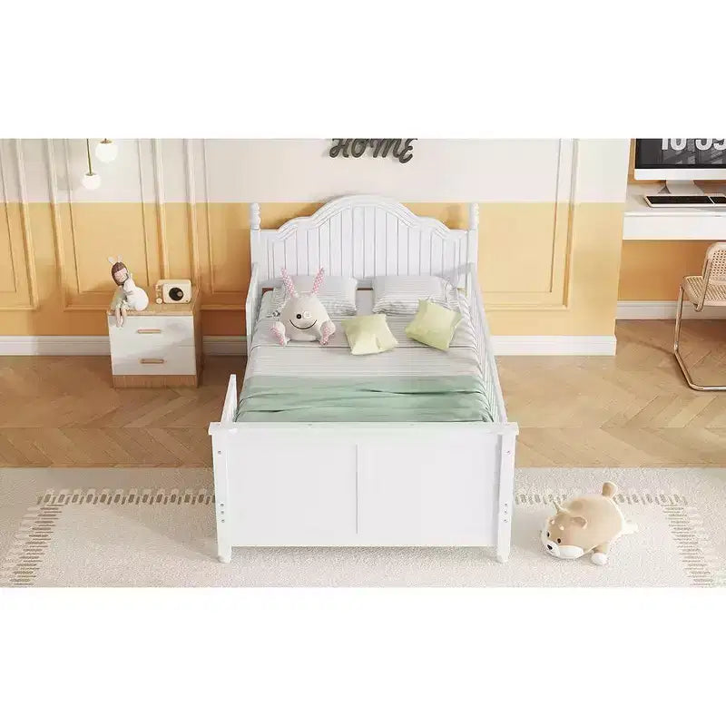 Letto a piattaforma singolo in legno per bambini con testiera e pediera – Bianco