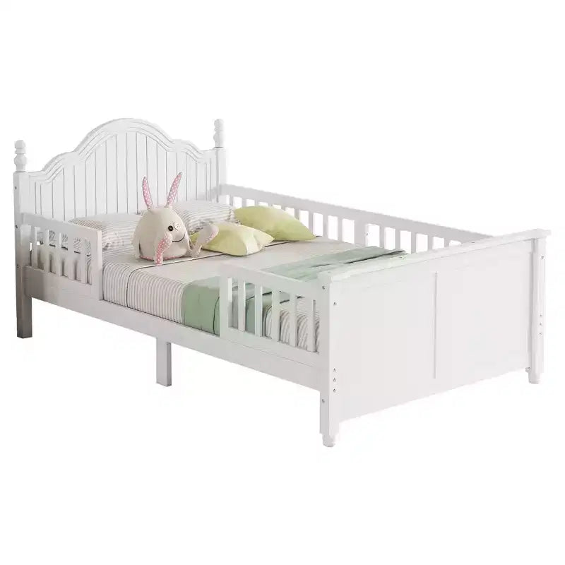 Letto a piattaforma singolo in legno per bambini con testiera e pediera – Bianco