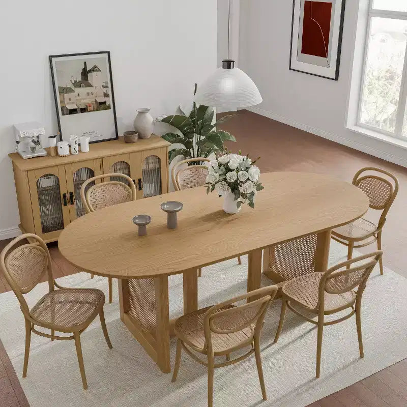 Dovelina Mid-Century Oval Wood Dining Table Set 6 People - 67, Natural Wood