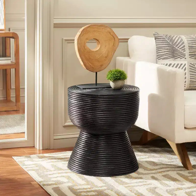 Tavolino d'appoggio rotondo in rattan - Nero anticato