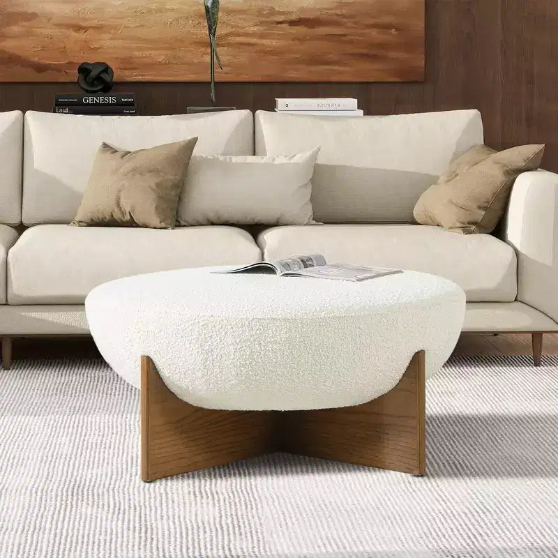 Jennifer Taylor Home Bali Pouf Rotondo Rivestito in Tessuto con Base in Legno Naturale