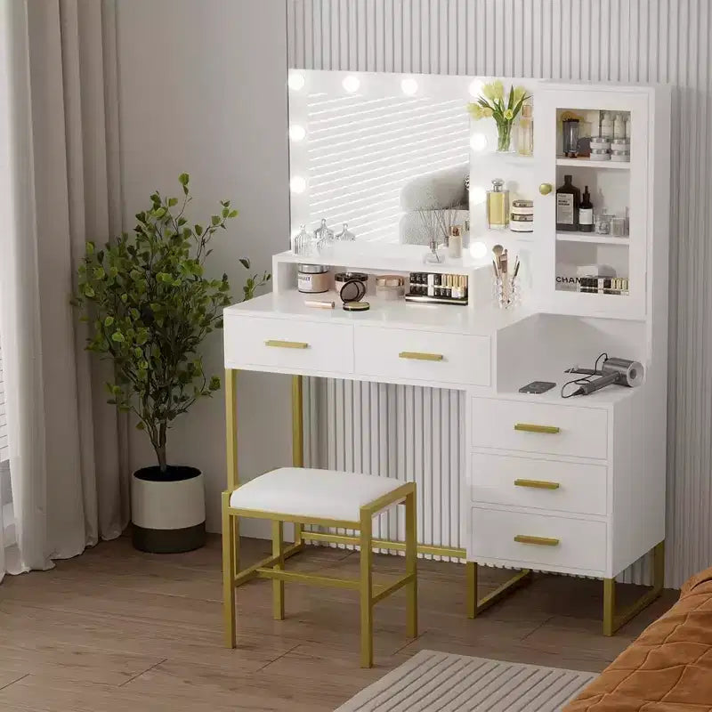 Set Toeletta con Specchio, Luci a LED, Sgabello e 5 Cassetti