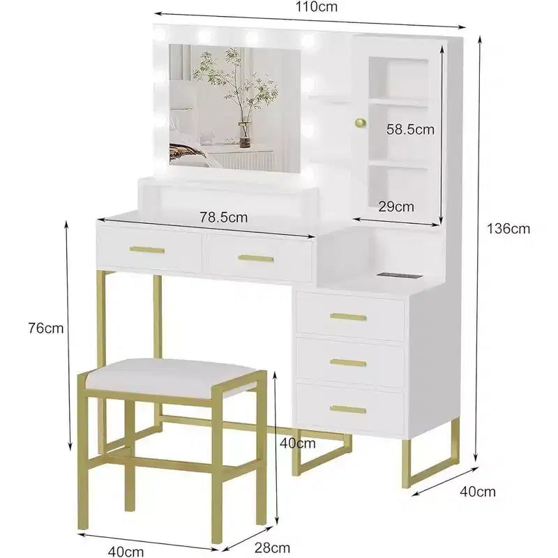 Set Toeletta con Specchio, Luci a LED, Sgabello e 5 Cassetti