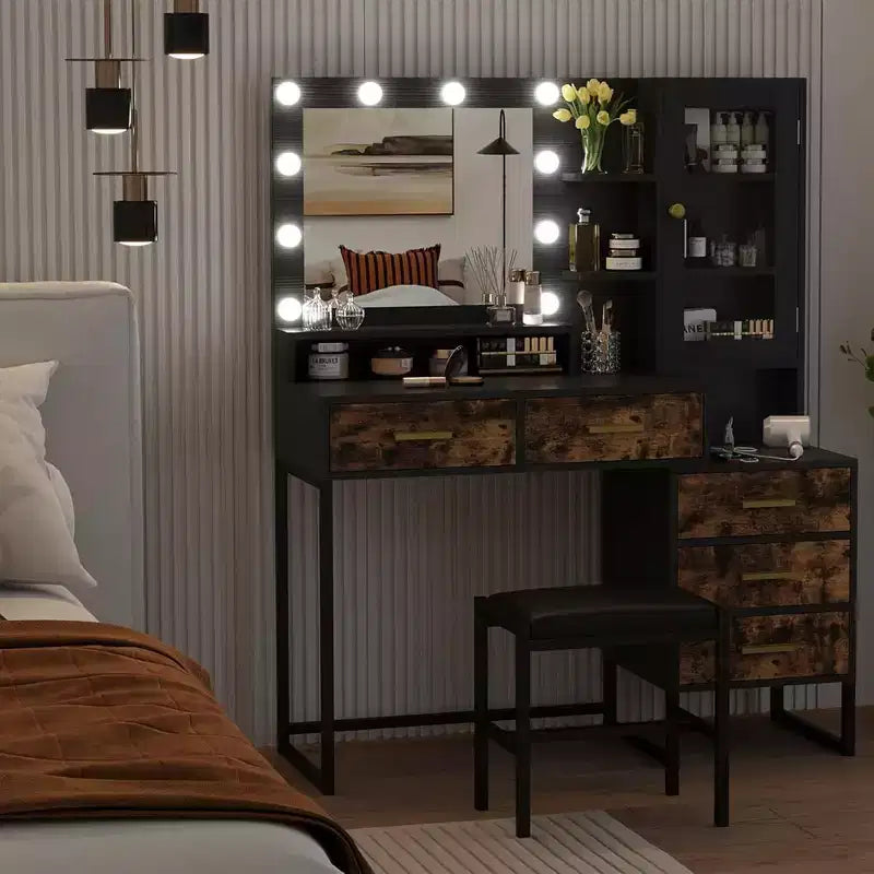 Set Toeletta con Specchio, Luci a LED, Sgabello e 5 Cassetti