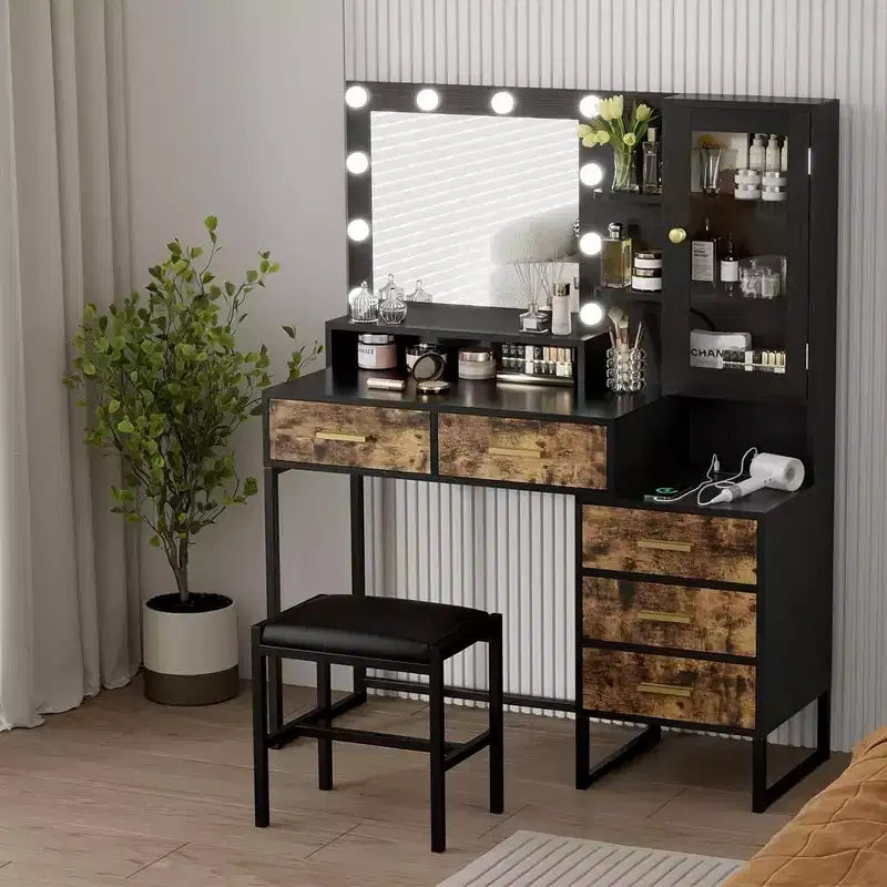 Set Toeletta con Specchio, Luci a LED, Sgabello e 5 Cassetti