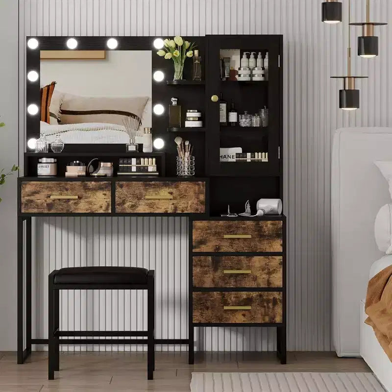 Set Toeletta con Specchio, Luci a LED, Sgabello e 5 Cassetti