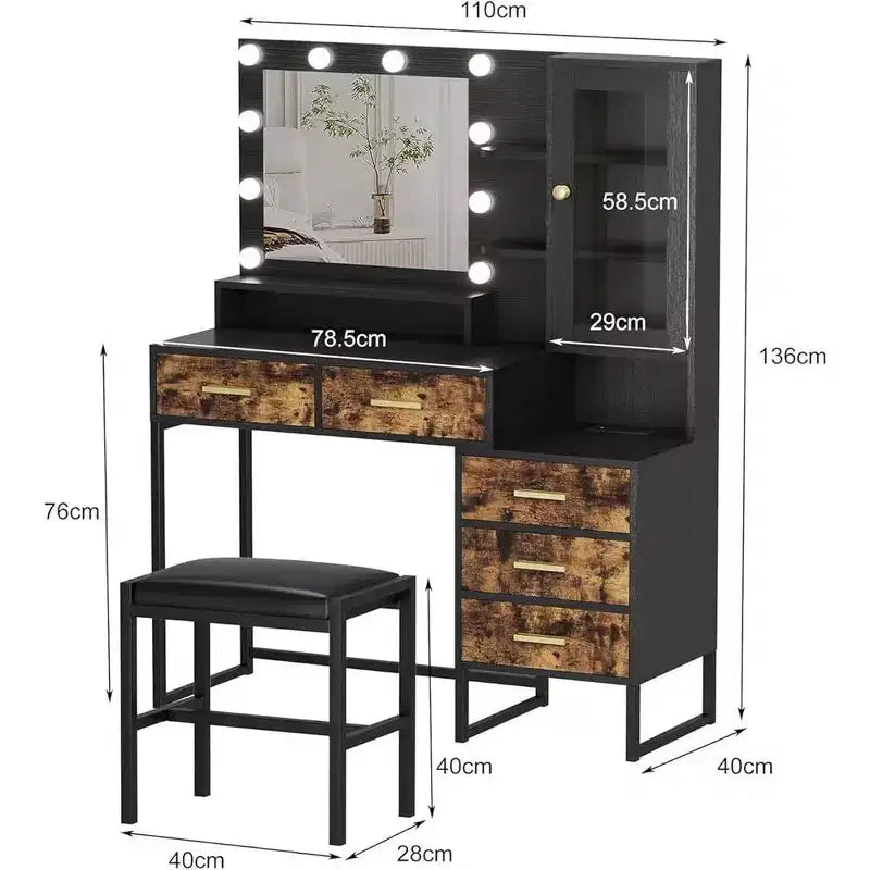 Set Toeletta con Specchio, Luci a LED, Sgabello e 5 Cassetti
