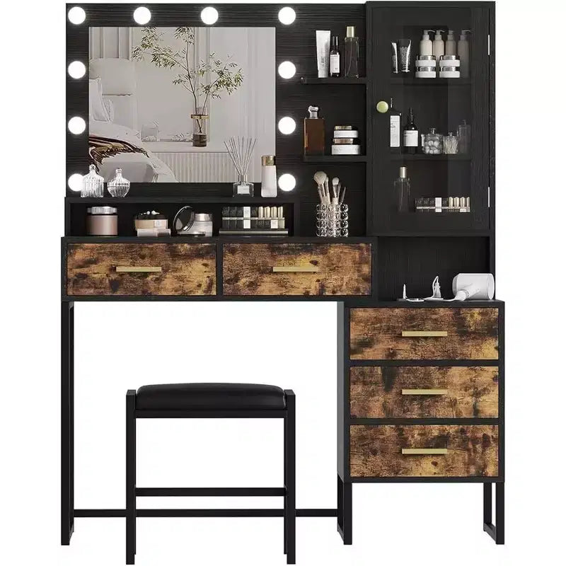 Set Toeletta con Specchio, Luci a LED, Sgabello e 5 Cassetti