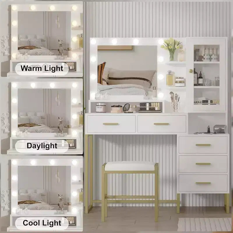 Set Toeletta con Specchio, Luci a LED, Sgabello e 5 Cassetti