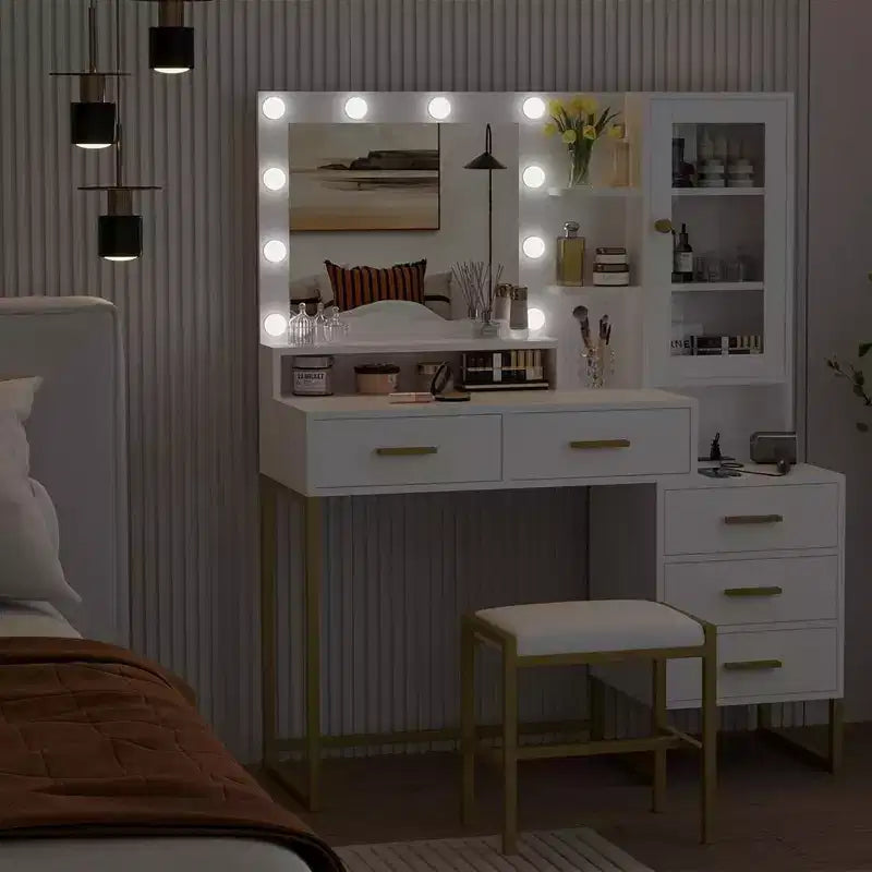 Set Toeletta con Specchio, Luci a LED, Sgabello e 5 Cassetti