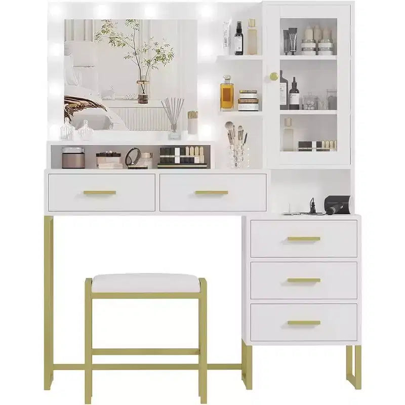 Set Toeletta con Specchio, Luci a LED, Sgabello e 5 Cassetti
