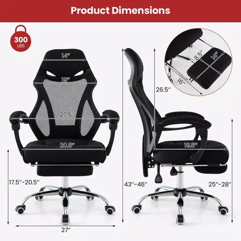 Sedia da ufficio ergonomica in rete con poggiapiedi, sedile regolabile in altezza e schienale reclinabile
