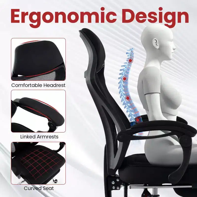 Sedia da ufficio ergonomica in rete con poggiapiedi, sedile regolabile in altezza e schienale reclinabile