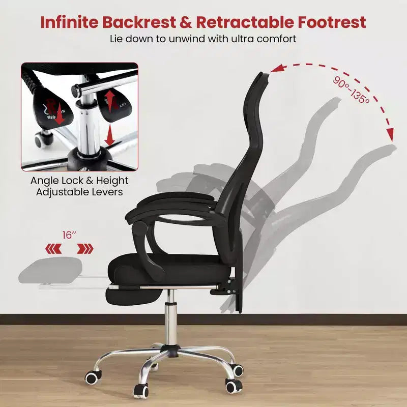 Sedia da ufficio ergonomica in rete con poggiapiedi, sedile regolabile in altezza e schienale reclinabile