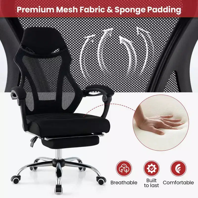 Sedia da ufficio ergonomica in rete con poggiapiedi, sedile regolabile in altezza e schienale reclinabile