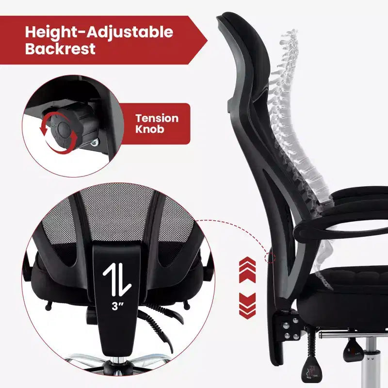 Sedia da ufficio ergonomica in rete con poggiapiedi, sedile regolabile in altezza e schienale reclinabile