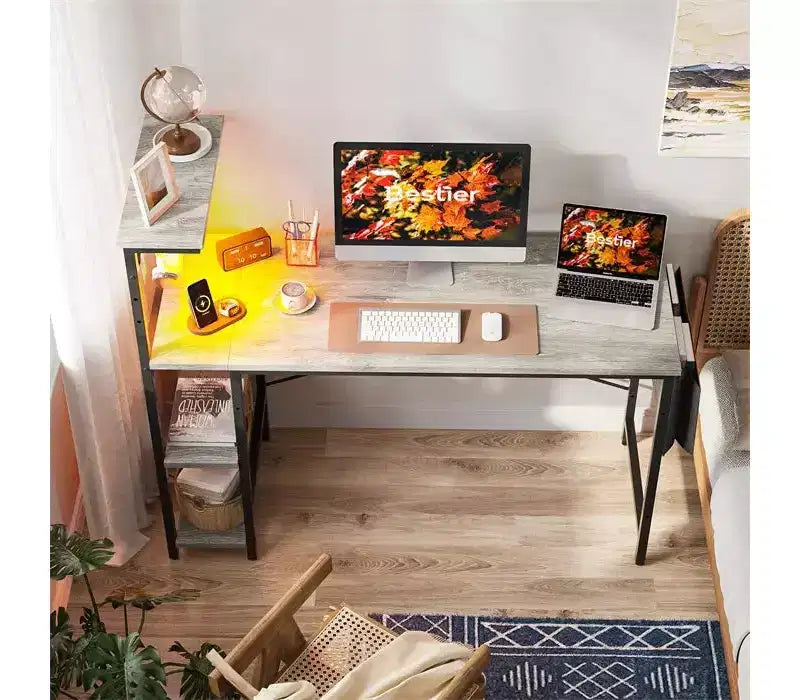 Scrivania da Gaming a LED da 52 Pollici con Scaffali a 4 Livelli e Borsa Portaoggetti