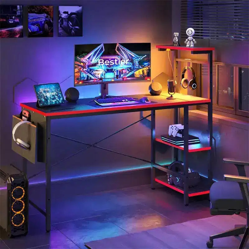 Scrivania da Gaming a LED da 52 Pollici con Scaffali a 4 Livelli e Borsa Portaoggetti