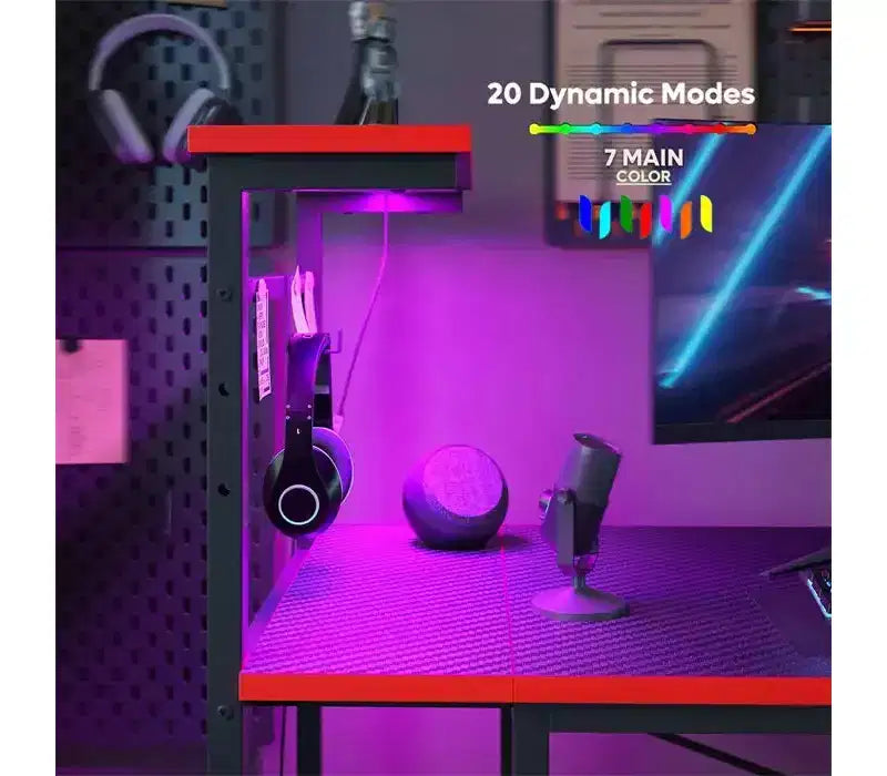 Scrivania da Gaming a LED da 52 Pollici con Scaffali a 4 Livelli e Borsa Portaoggetti