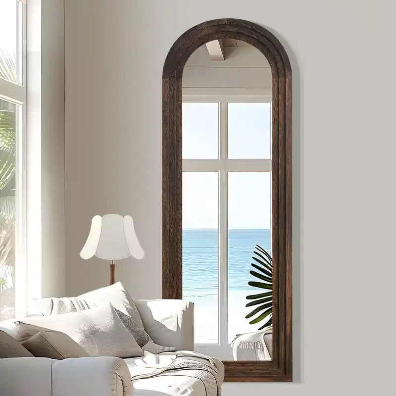 Specchio da parete in legno con gradini ad arco