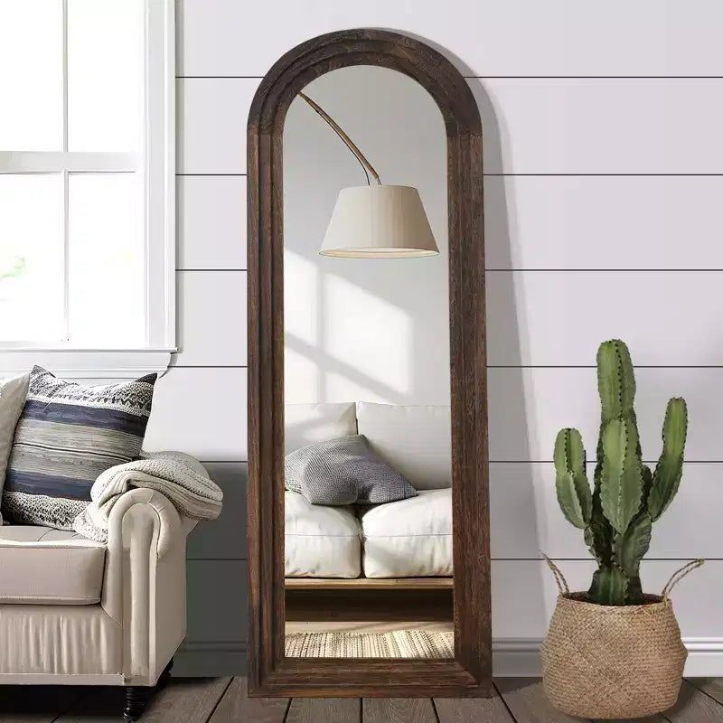 Specchio da parete in legno con gradini ad arco